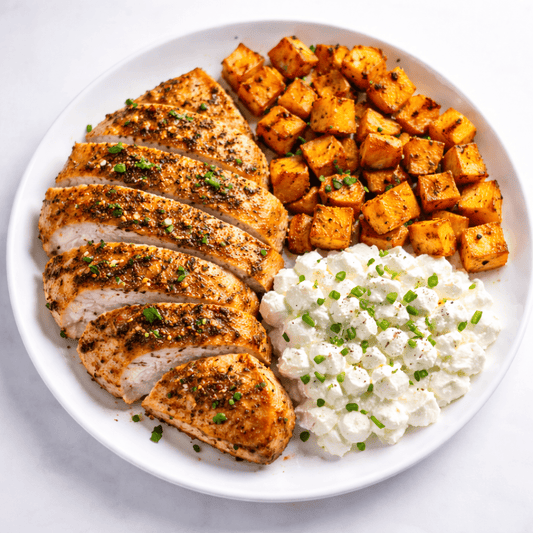 Air Fryer Chicken with Sweet Potatoes & Cottage Cheese High-Protein Healthy Meal - Nutrum Biotech
