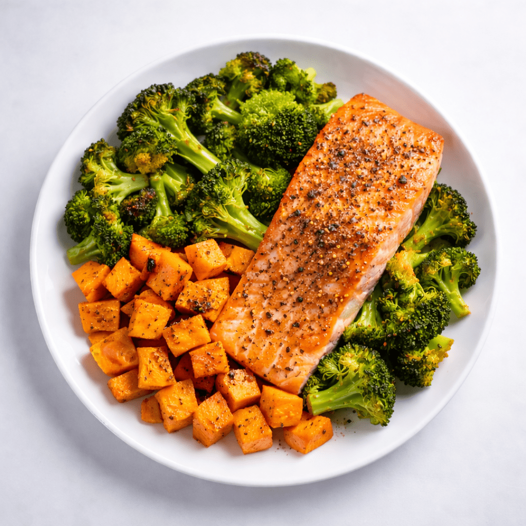Baked Salmon with Roasted Broccoli & Sweet Potatoes Healthy, Protein-Rich Meal - Nutrum Biotech