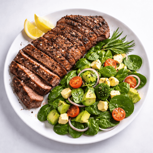 Grilled Steak with Spinach, Avocado & Cheese Salad – High-Protein Healthy Recipe - Nutrum Biotech