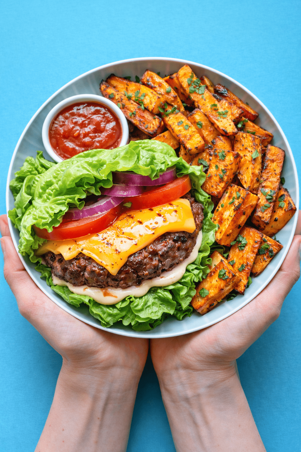 Keto Lettuce-Wrapped Burger Plate with Air-Fryer Sweet Potatoes & Grilled Cheese - Nutrum Biotech