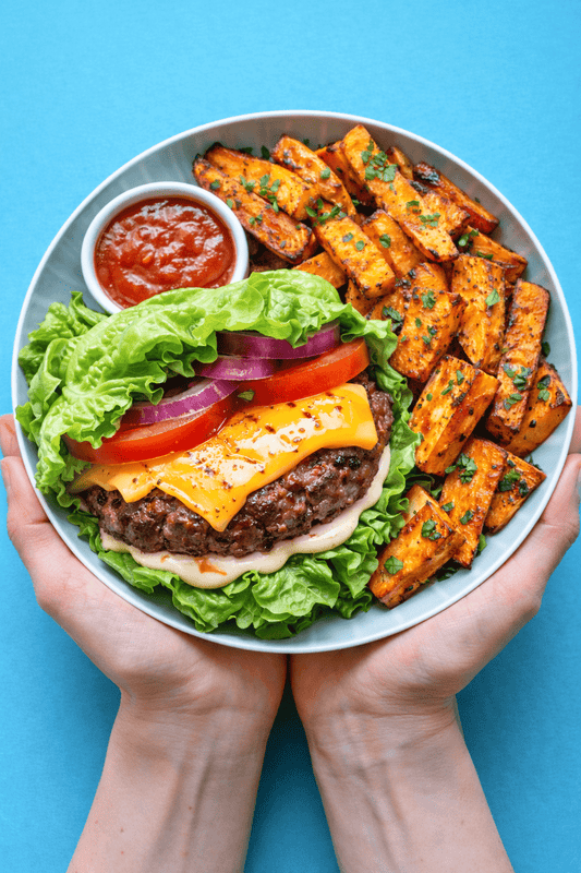 Keto Lettuce-Wrapped Burger Plate with Air-Fryer Sweet Potatoes & Grilled Cheese - Nutrum Biotech