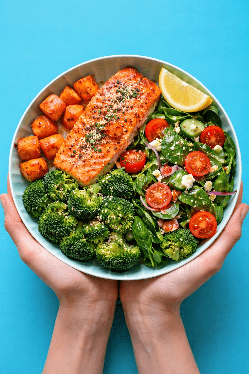 Keto Recipe Ideas Baked Salmon Bowl with Broccoli, Sweet Potato & Spinach - Nutrum Biotech