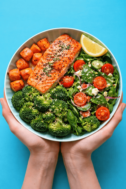 Keto Recipe Ideas Baked Salmon Bowl with Broccoli, Sweet Potato & Spinach - Nutrum Biotech