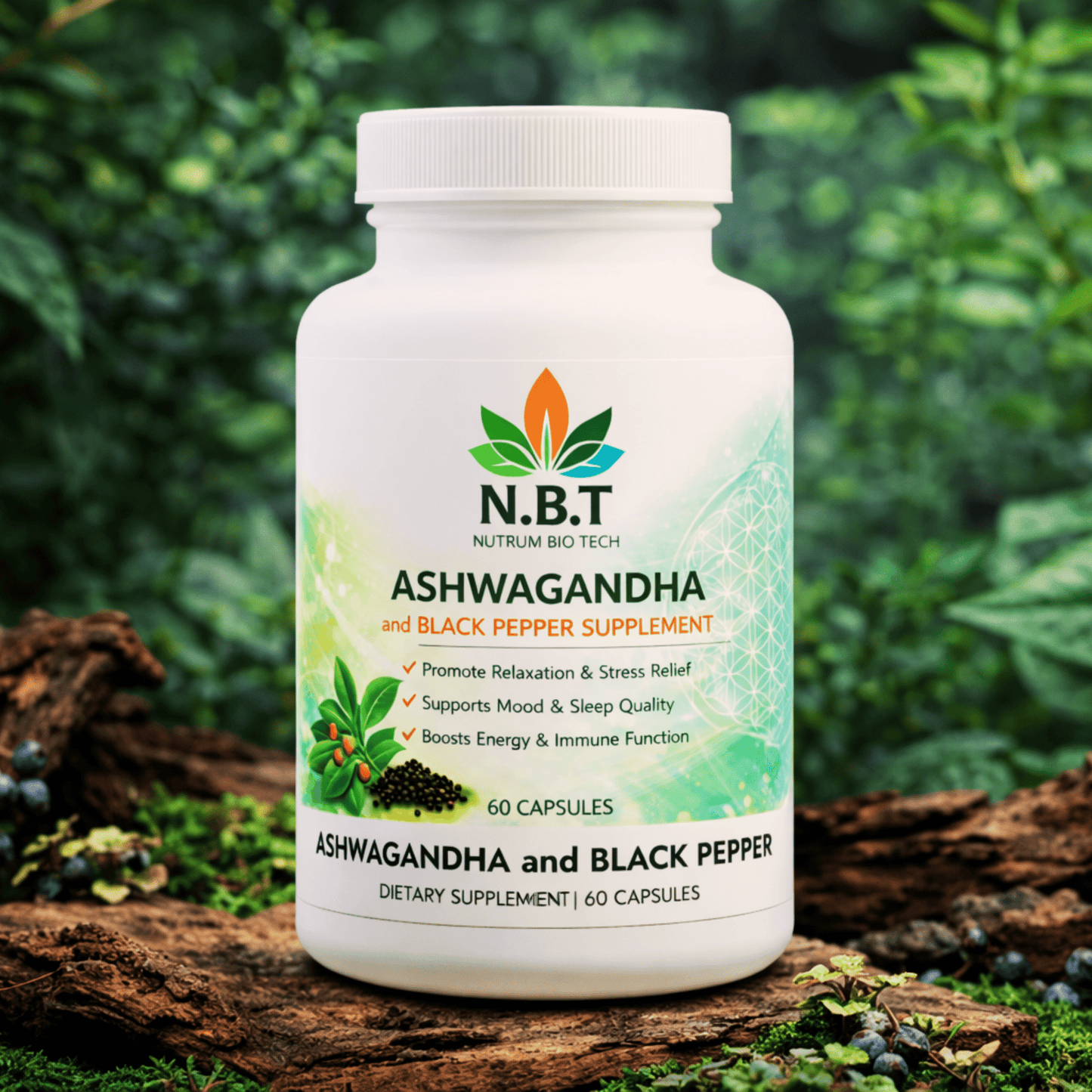Ashwagandha and Black Pepper Supplement Non - GMO (60 capsules) - Nutrum Biotech