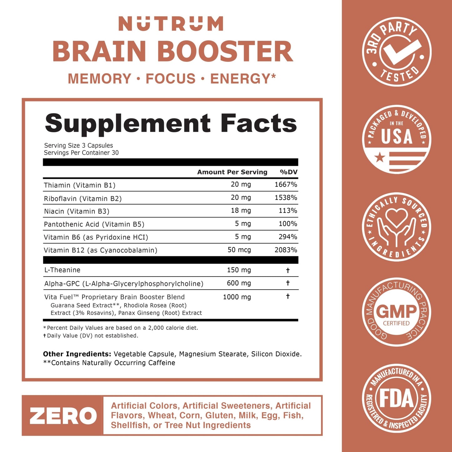 Brain Booster Nootropic Supplement Focus, Memory, Mental Clarity & Natural Energy Pack of 3 Free Shipping - Nutrum Biotech