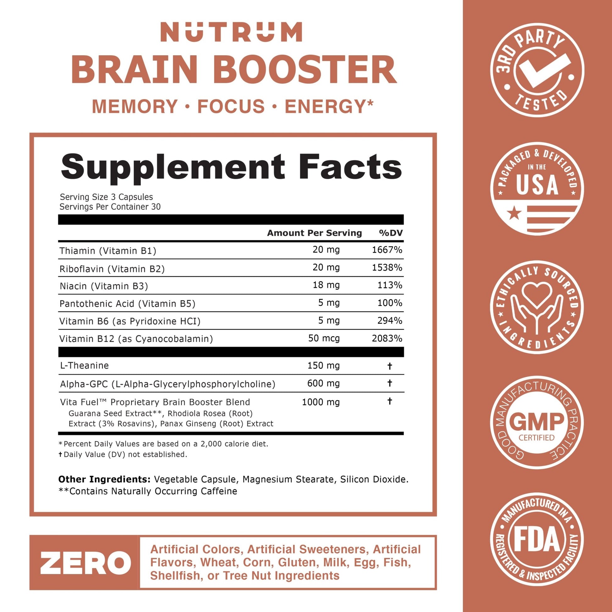Brain Booster Nootropic Supplement Focus, Memory, Mental Clarity & Natural Energy Pack of 3 Free Shipping - Nutrum Biotech