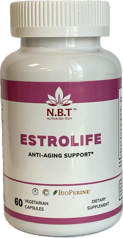 Estrolife Anti-Aging Support for Women by Nutrum, Vegan Supplement for Long Lasting Female Hormonal Balance, Ovarian Function, Skin Hydration, Elasticity and Firmness, Menopause Relief, 60 Capsules - Nutrum Biotech