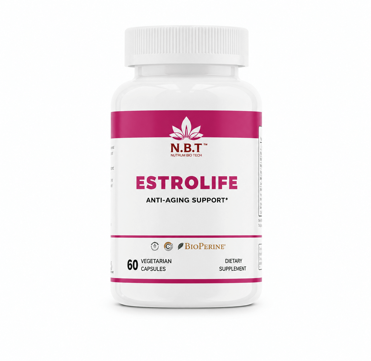 Estrolife Anti-Aging Support for Women by Nutrum, Vegan Supplement for Long Lasting Female Hormonal Balance, Ovarian Function, Skin Hydration, Elasticity and Firmness, Menopause Relief, 60 Capsules - Nutrum Biotech