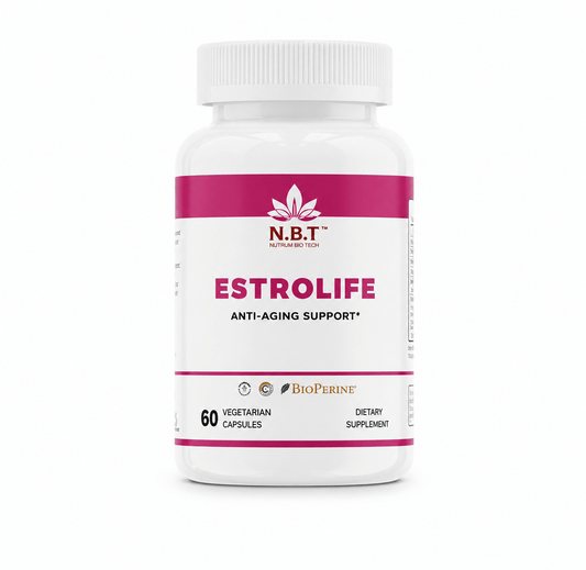 Estrolife Anti-Aging Support for Women by Nutrum, Vegan Supplement for Long Lasting Female Hormonal Balance, Ovarian Function, Skin Hydration, Elasticity and Firmness, Menopause Relief, 60 Capsules - Nutrum Biotech