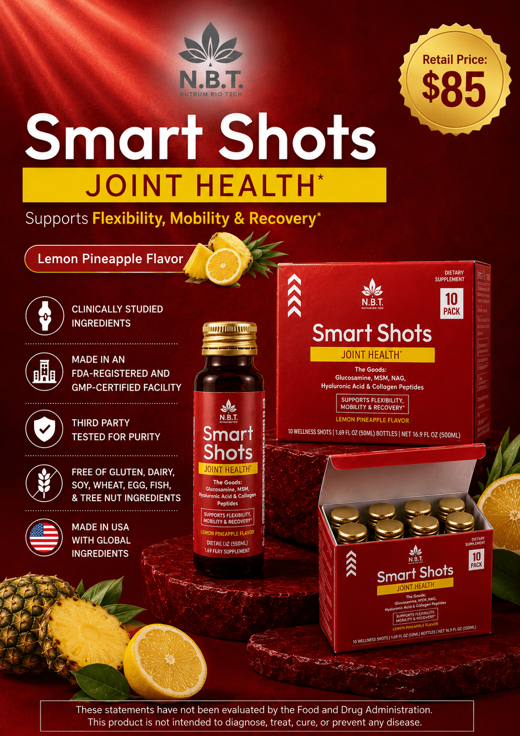 N.B.T. Joint Health Smart Shots with Glucosamine – 10 Bottles, 1.69 fl oz (50 mL) Each - Nutrum Biotech
