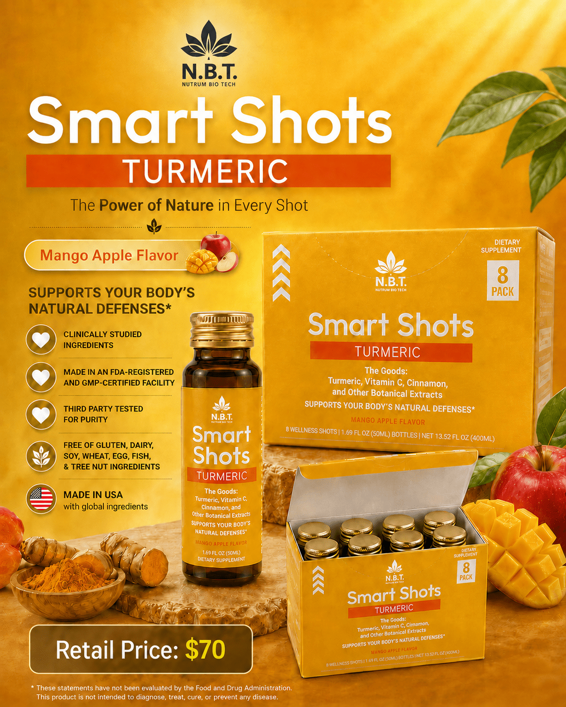 N.B.T. Turmeric Smart Shots – 8 Bottles, 1.7 fl oz Each - Nutrum Biotech