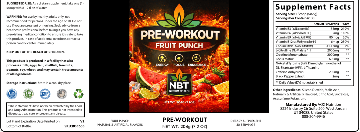 Pre - Workout Supplement Fruit Punch Energy, Focus & Muscle Pump Formula (204g / 7.1 oz) - Nutrum Biotech