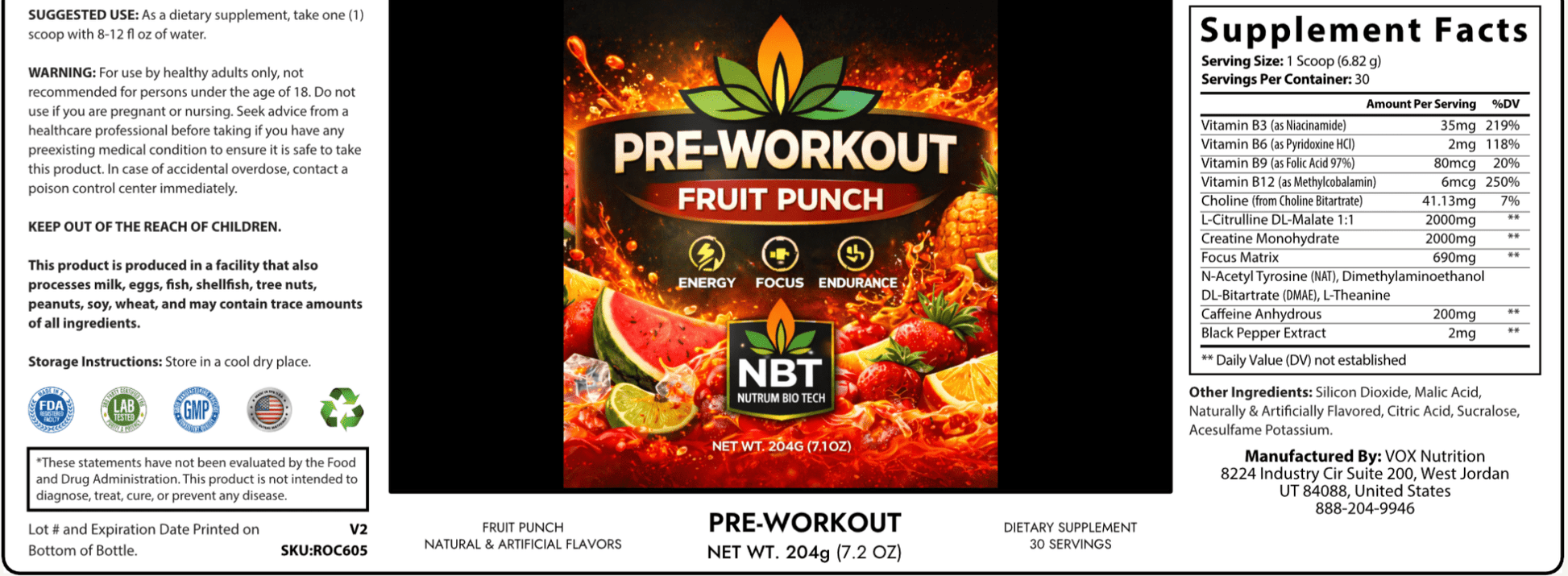 Pre - Workout Supplement Fruit Punch Energy, Focus & Muscle Pump Formula (204g / 7.1 oz) - Nutrum Biotech