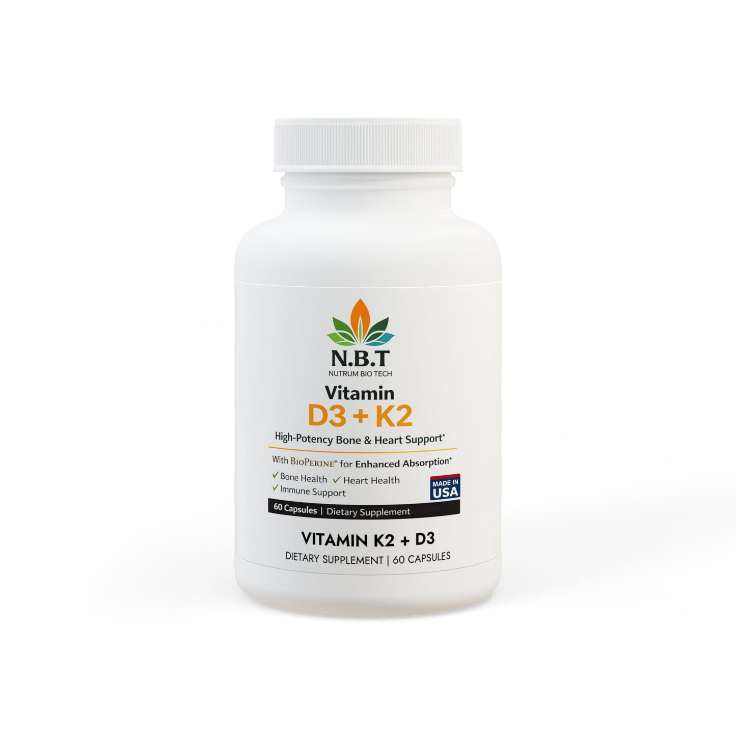 Vitamin D3 + K2 Supplement with BioPerine® (60 Capsules) - Nutrum Biotech